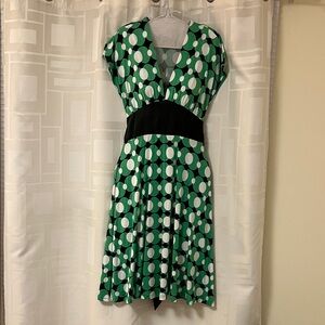 Green Polka Dot V-Neck, Empire Waist, Stretch Dress